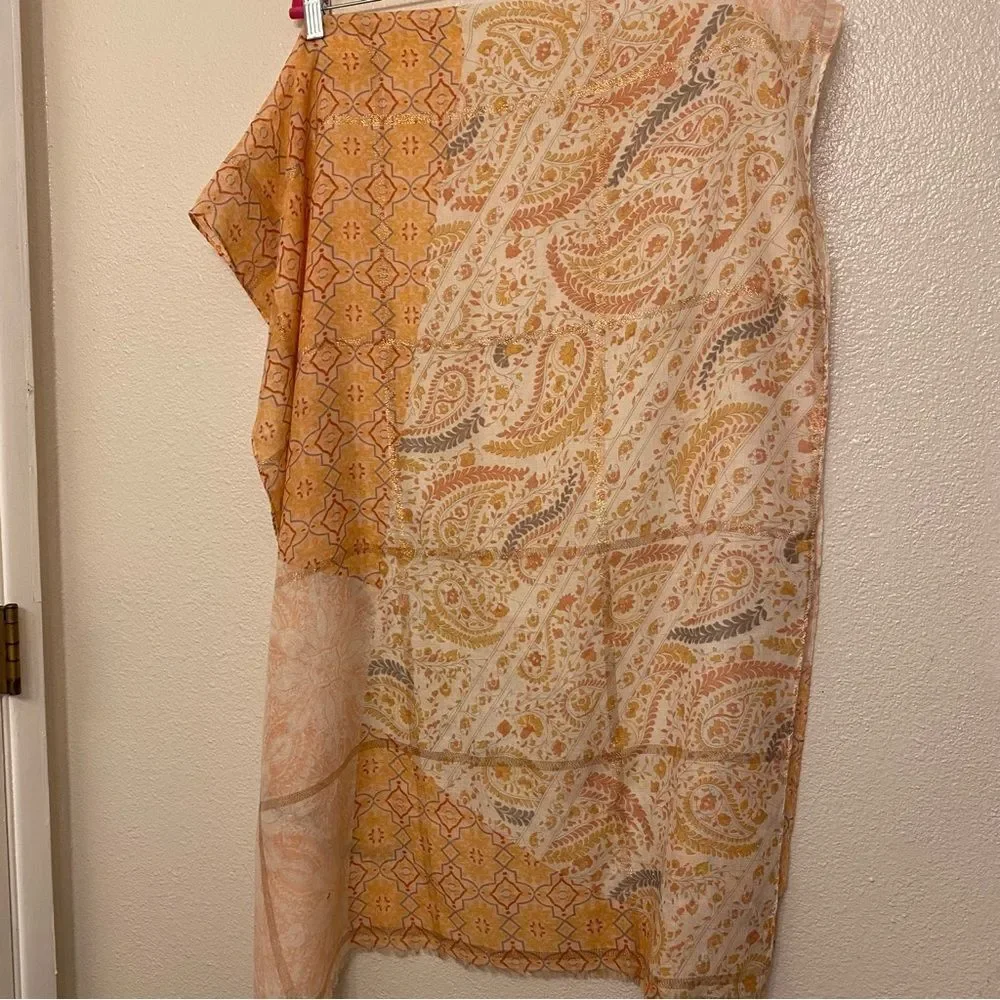Peach metallic thread paisley print lightweight semi sheer scarf wrap 27x72